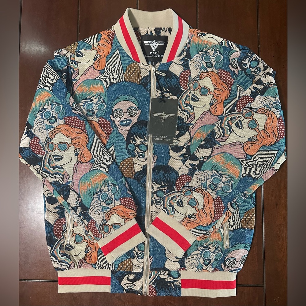 V.I.P. Collection Men's Multi Faces Jacquard Varsity Bomber Jacket Size Small